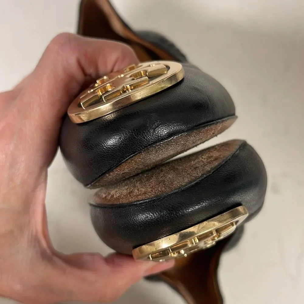 Tory Burch Benton 2 Nappa Leather Shoes Size 6.5 Black Leather Ballet Style